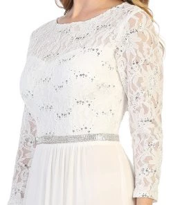 Long Lace Bodice Dress With Long Sleeves By Celavie 6305L