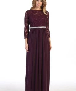 Long Lace Bodice Dress With Long Sleeves By Celavie 6305L