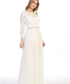 Long Lace Bodice Dress With Long Sleeves By Celavie 6305L