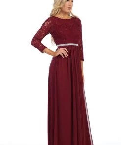 Long Lace Bodice Dress With Long Sleeves By Celavie 6305L