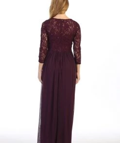 Long Lace Bodice Dress With Long Sleeves By Celavie 6305L