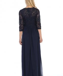 Long Lace Bodice Dress With Long Sleeves By Celavie 6305L