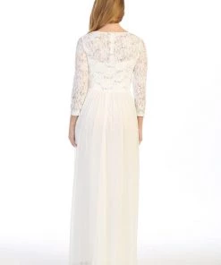 Long Lace Bodice Dress With Long Sleeves By Celavie 6305L