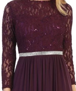 Long Lace Bodice Dress With Long Sleeves By Celavie 6305L