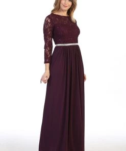 Long Lace Bodice Dress With Long Sleeves By Celavie 6305L