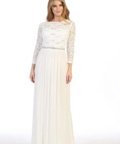 Long Lace Bodice Dress With Long Sleeves By Celavie 6305L
