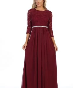 Long Lace Bodice Dress With Long Sleeves By Celavie 6305L