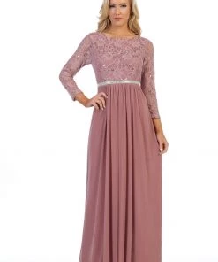 Long Lace Bodice Dress With Long Sleeves By Celavie 6305L