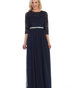 Long Lace Bodice Dress With Long Sleeves By Celavie 6305L