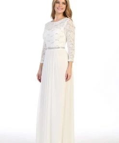Long Lace Bodice Dress With Long Sleeves By Celavie 6305L