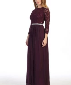 Long Lace Bodice Dress With Long Sleeves By Celavie 6305L