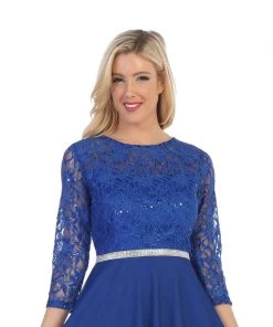 Long Lace Bodice Dress With Long Sleeves By Celavie 6305L