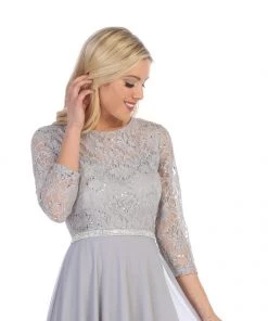 Long Lace Bodice Dress With Long Sleeves By Celavie 6305L
