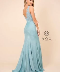 Prom Long Lace Bodice Dress With Metallic Skirt By Nox Anabel E373