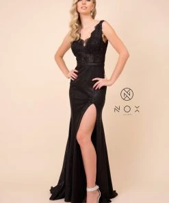 Prom Long Lace Bodice Dress With Metallic Skirt By Nox Anabel E373