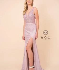 Prom Long Lace Bodice Dress With Metallic Skirt By Nox Anabel E373