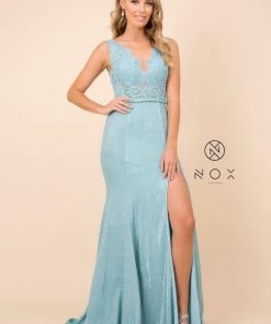 Prom Long Lace Bodice Dress With Metallic Skirt By Nox Anabel E373