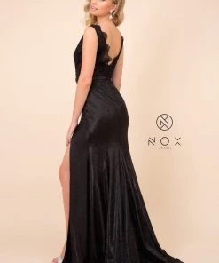 Prom Long Lace Bodice Dress With Metallic Skirt By Nox Anabel E373