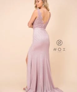 Prom Long Lace Bodice Dress With Metallic Skirt By Nox Anabel E373