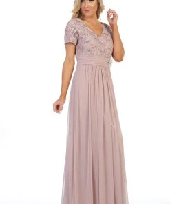 Long Lace Bodice Dress With Short Sleeves By Celavie 6320L