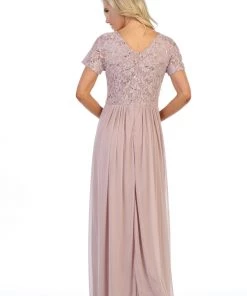 Long Lace Bodice Dress With Short Sleeves By Celavie 6320L