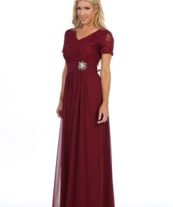 Long Lace Bodice Dress With Short Sleeves By Celavie 6320L