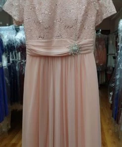 Long Lace Bodice Dress With Short Sleeves By Celavie 6320L