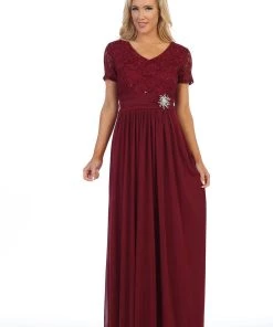 Long Lace Bodice Dress With Short Sleeves By Celavie 6320L