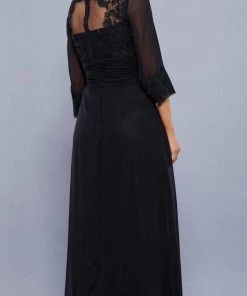 Long Lace Bodice Illusion Dress With 3/4 Sleeves By Nox Anabel 5101