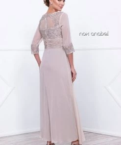 Long Lace Bodice Illusion Dress With 3/4 Sleeves By Nox Anabel 5101