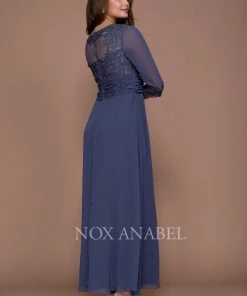 Long Lace Bodice Illusion Dress With 3/4 Sleeves By Nox Anabel 5101