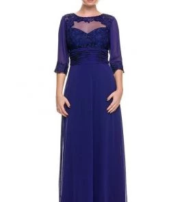 Long Lace Bodice Illusion Dress With 3/4 Sleeves By Nox Anabel 5101