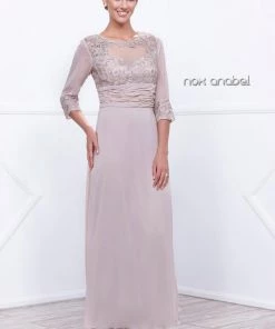 Long Lace Bodice Illusion Dress With 3/4 Sleeves By Nox Anabel 5101