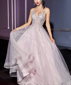 Long Lace Bodice Tulle Dress By Cinderella Divine KC897 Prom
