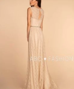 Long Lace Dress With Jeweled Waistband By Elizabeth K GL2611 Prom