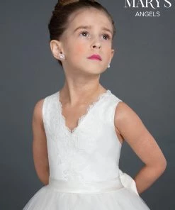 Mary's Bridal Angels Collection Girls Long Lace Trimmed Dress With Sash By Mary's Bridal MB9019 Flower Girl Dresses