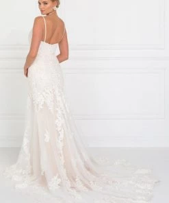 Long Lace Ivory V-Neck Wedding Dress By Elizabeth K