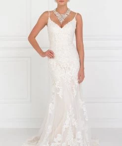 Long Lace Ivory V-Neck Wedding Dress By Elizabeth K