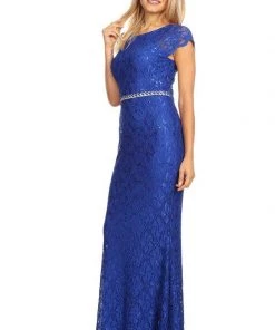 Long Lace Mermaid Dress With Cap Sleeves By Celavie 6372 21 Long Lace Mermaid Dress With Cap Sleeves By Celavie 6372