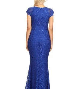 Long Lace Mermaid Dress With Cap Sleeves By Celavie 6372 19 Long Lace Mermaid Dress With Cap Sleeves By Celavie 6372