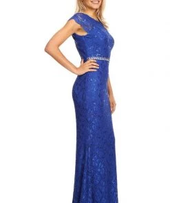 Long Lace Mermaid Dress With Cap Sleeves By Celavie 6372 20 Long Lace Mermaid Dress With Cap Sleeves By Celavie 6372