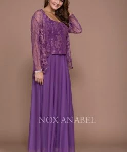 Long Lace Top Dress With Sheer Jacket By Nox Anabel 5076