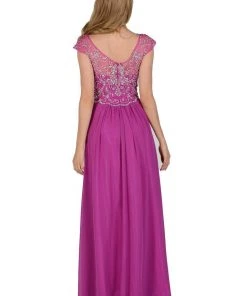 Long Magenta Cap Sleeve Dress With Jeweled Bodice By Poly USA Prom