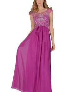 Long Magenta Cap Sleeve Dress With Jeweled Bodice By Poly USA Prom