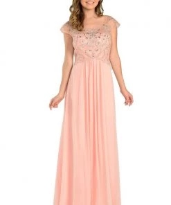 Long Magenta Cap Sleeve Dress With Jeweled Bodice By Poly USA Prom
