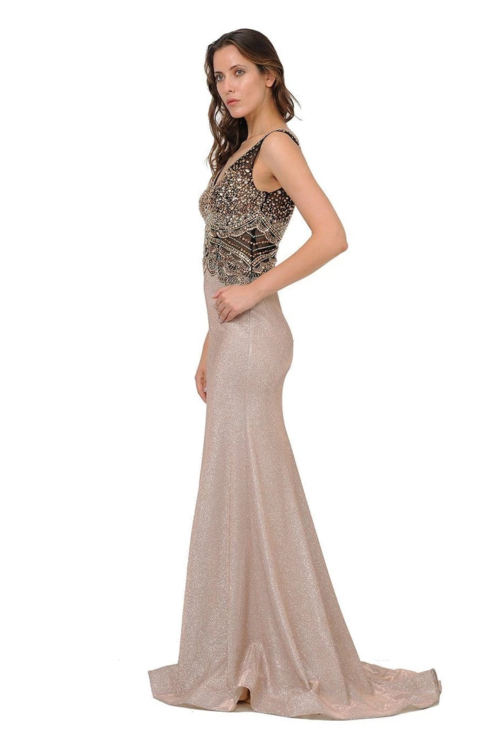 Long Mauve Giltter Dress With Beaded V-Neck Bodice By Poly USA 8400 Prom 5 Long Mauve Giltter Dress With Beaded V-Neck Bodice By Poly USA 8400 Prom