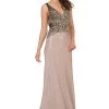 Long Mauve Giltter Dress With Beaded V-Neck Bodice By Poly USA 8400 Prom
