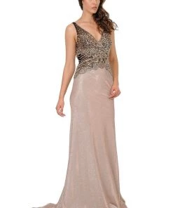 Long Mauve Giltter Dress With Beaded V-Neck Bodice By Poly USA 8400 Prom