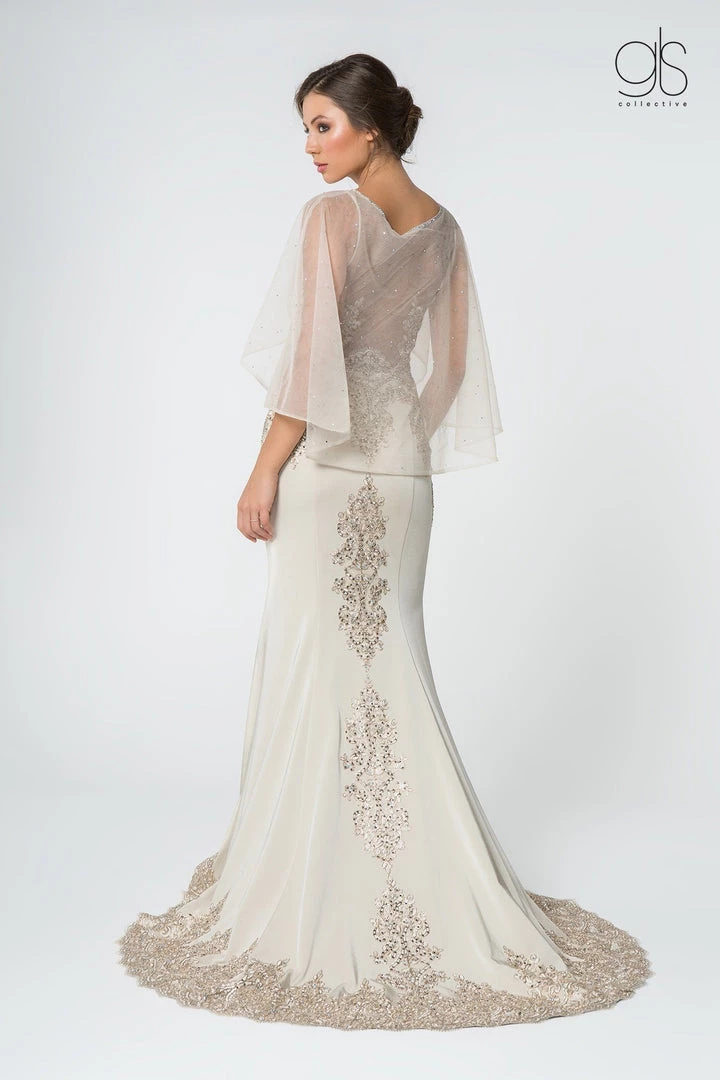 Long Mermaid Cape Dress With Embroidery By Elizabeth K GL1595 12 Long Mermaid Cape Dress With Embroidery By Elizabeth K GL1595