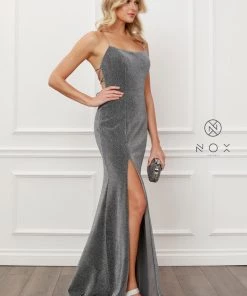 Long Metallic Dress With Corset Back By Nox Anabel R358